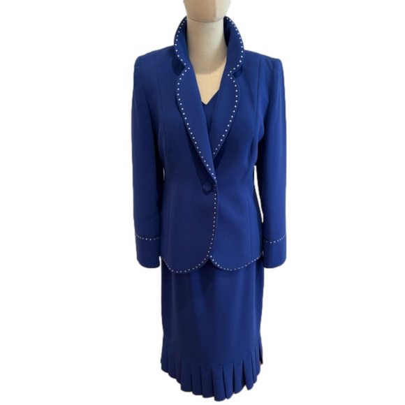 90s 3 PC NIGHT STUDIO NY BLUE W RHINESTONE BORDERED BLAZER, TOP & MIDI SKIRT 6 - Picture 3 of 17
